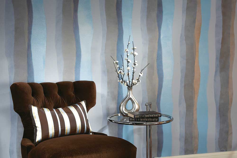 A blue and grey wavy striped wall